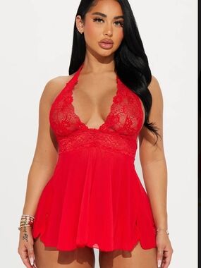 Fashion Nova Red Lace Halter Babydoll Lingerie-NWT!